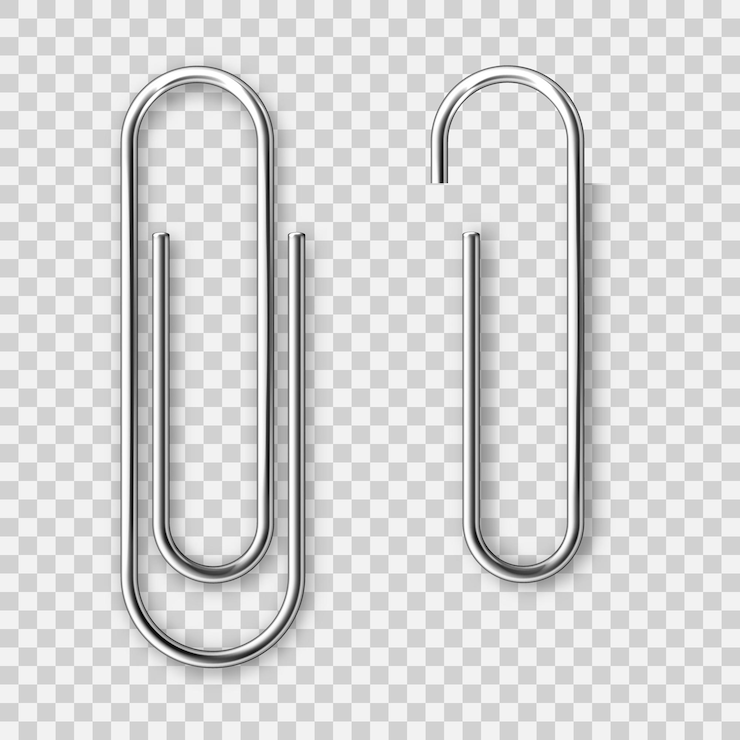 Realistic metal paper clip isolated on transparent background page holder binder vector illustration
