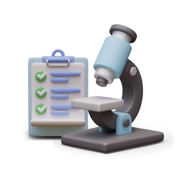 Vector realistic microscope in blue and black colors and clipboard with checklist
