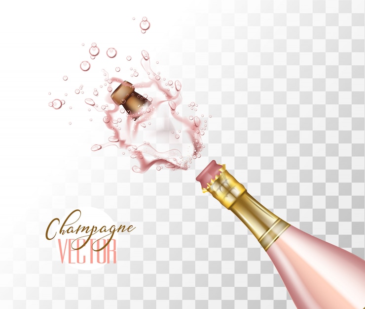 Vector  realistic pink champagne explosion with popping cork closeup on transparent background