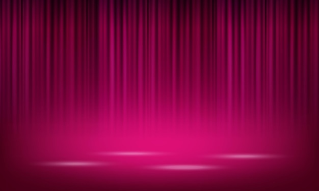 realistic pink theatrical closed curtain of shiny material with reflection on stage floor vector