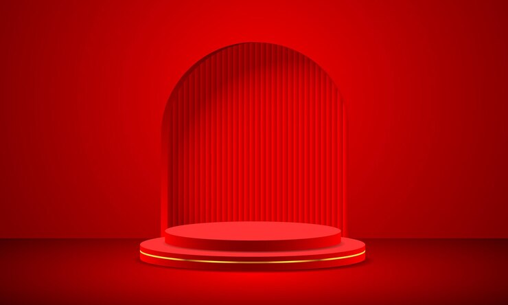 Vector realistic red gold 3d cylinder pedestal podium black corrugated on window arch shape vector display
