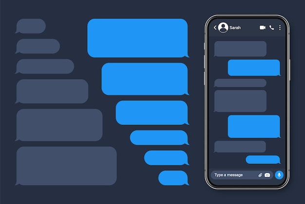 Realistic smartphone with messaging app blank sms text frame conversation chat screen with blue