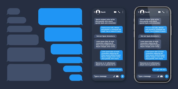 Realistic smartphone with messaging app sms text frame conversation chat screen with blue message