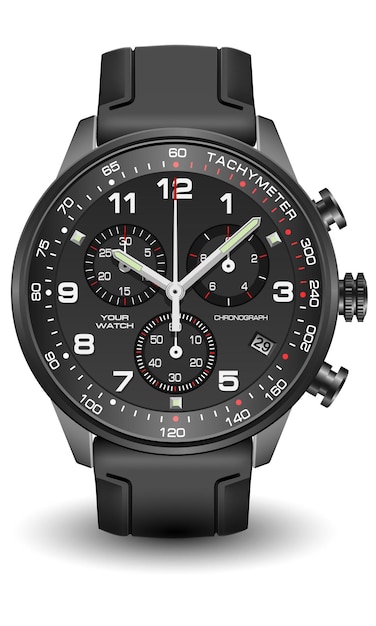 Realistic watch chronograph stainless black rubber clockwise white fashion men design luxury vector