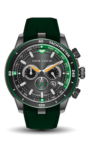 Realistic watch clock chronograph green steel leather strap grey yellow arrow white luxury vector
