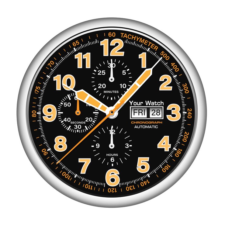 Realistic watch clock chronograph silver black dashboard yellow white arrow number luxury vector