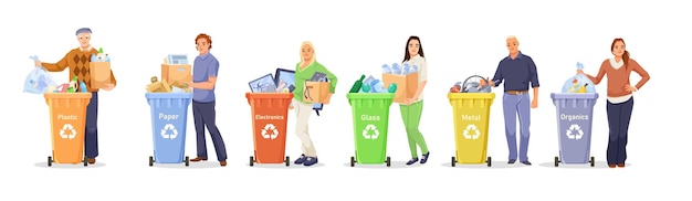 Recycling concept with diverse people and waste bins for different materials vector illustration