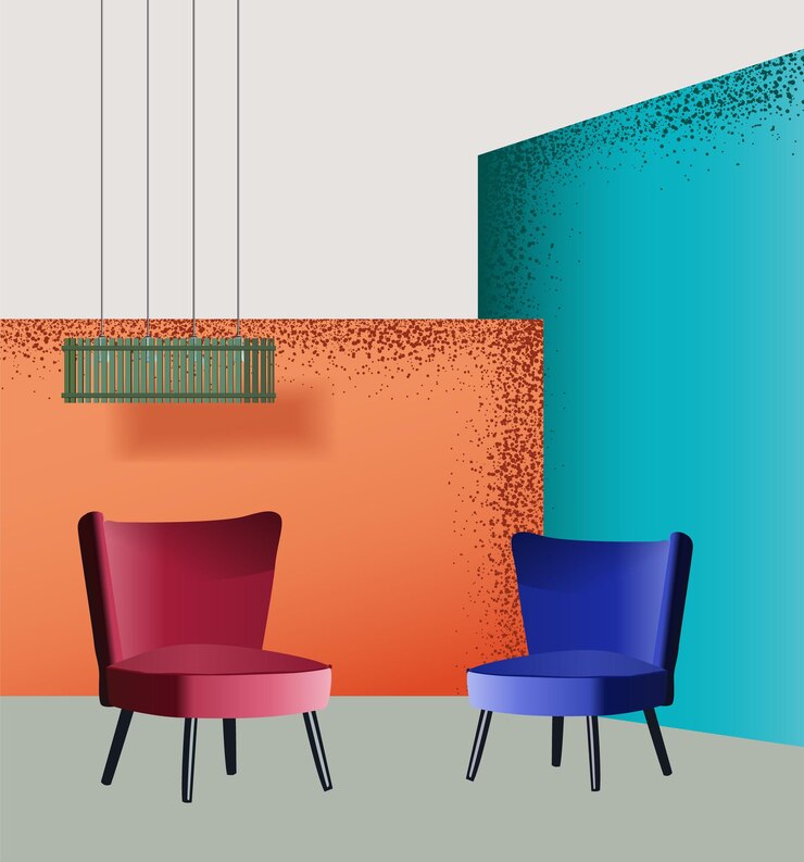 Red and blue sofa chair Office furniture set interior elements vector illustration