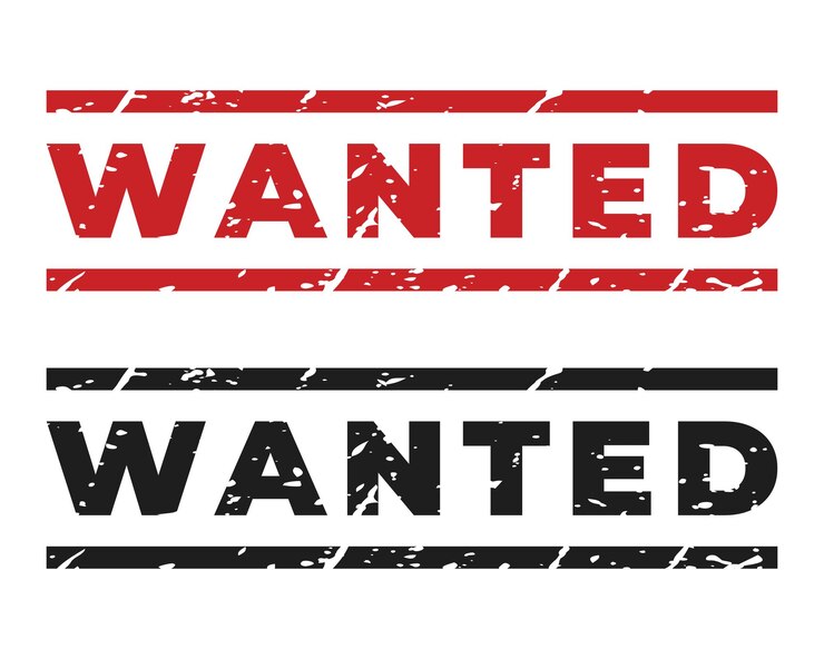Vector red and dark grey wanted isolated stamp sticker header with grunge vector illustration