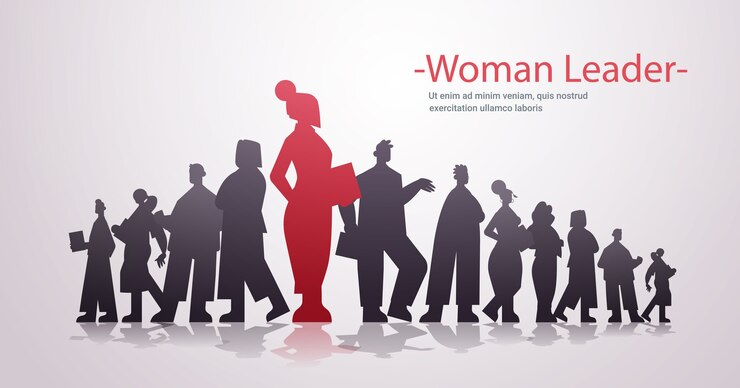 Vector red businesswoman leader silhouette standing in front of businesspeople group leadership business competition concept horizontal  copy space  illustration