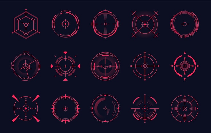 Vector red dot sights weapon aim hud crosshairs sniper accuracy circle goal thermal telescope bullseye gun scopes rifle sighting sport military shooting dots mark vector illustration of aiming target