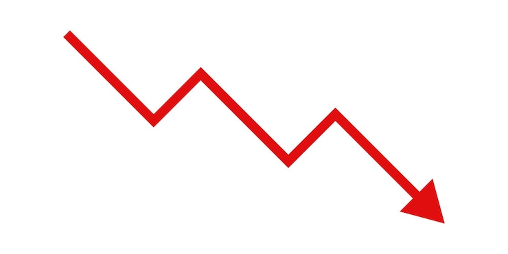 Vector red downward arrow graph with arrow showing downward trend bear market bearsih trend