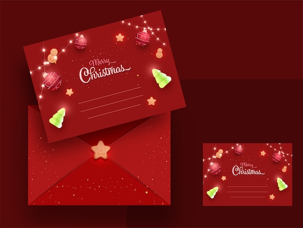 red greeting cards or horizontal invitation template with envelope for merry christmas.