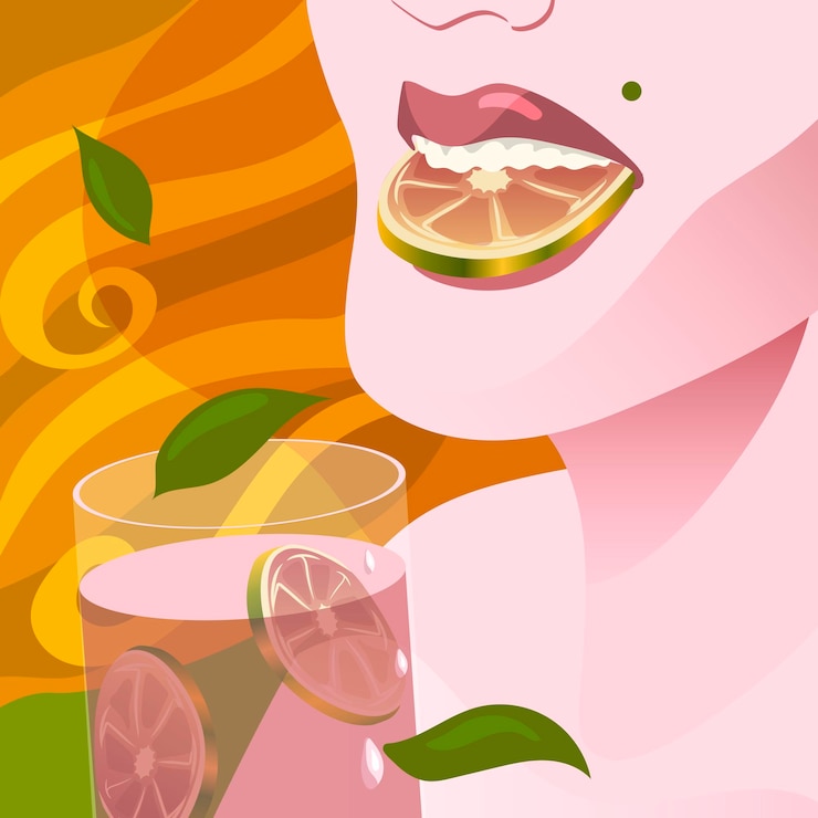 Vector red haired young woman with glass of pink lemonade holding a lime in her teeth.