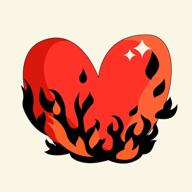 Red heart with flames Vector flat illustration Bright shining blazing heart and love