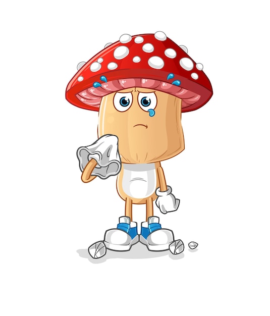 Red mushroom head cartoon cry with a tissue. cartoon mascot vector