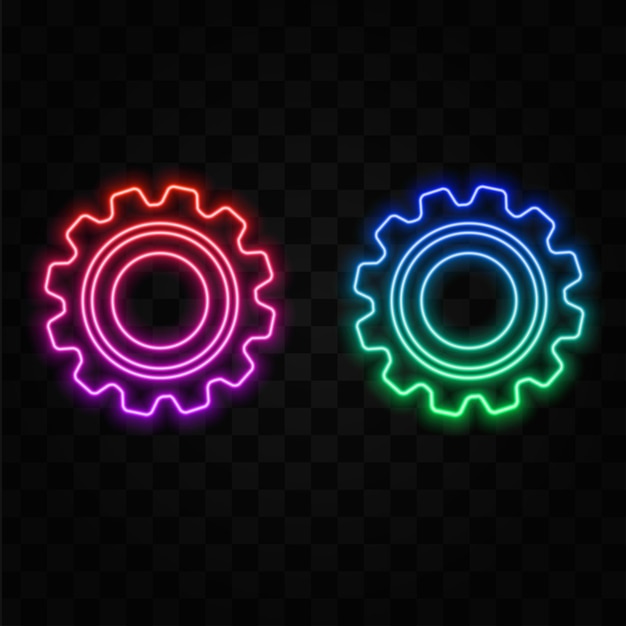 Red neon gear icon light on black wall