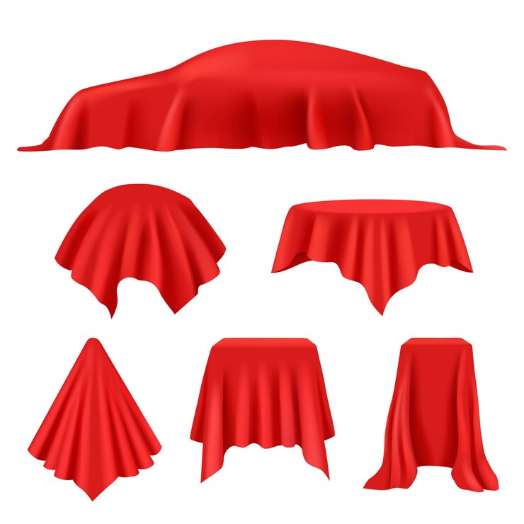 Vector red silk covered. revealer cloth realistic exhibition curtains royal cover display vector collection.