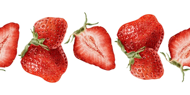 Vector red strawberry whole and sliced berries watercolor floral seamless border of ripe summer pulp fruits isolated hand drawn rural botanical banner for package cosmetic wallpapers