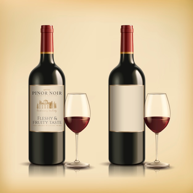 Red wine bottle, set of beverage container in  illustration