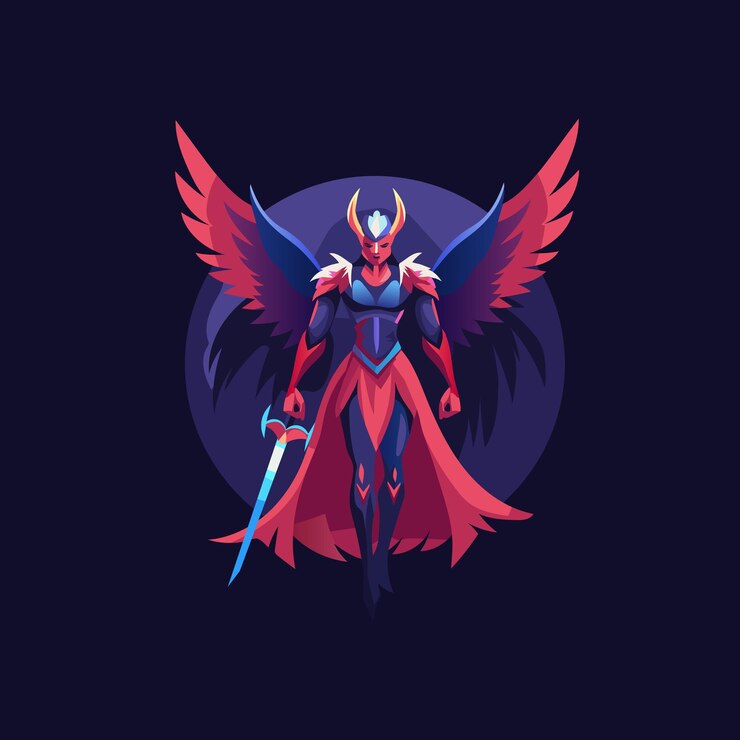 Vector red winged warrior with a sword