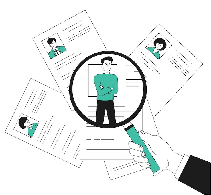 Vector rekrutmen staf. hr melihat karyawan di kaca pembesar, manajer manusia. mempekerjakan tim bisnis, resume atau cv orang. cari konsep vektor terbaru pekerjaan. sumber daya pilihan ilustrasi, rekrut staf