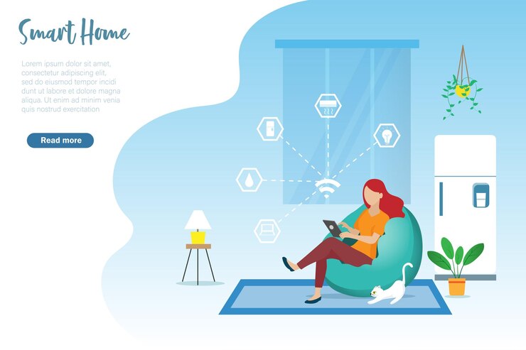 Vector relaxing woman using digital tablet control smart home devices intelligent online home technology