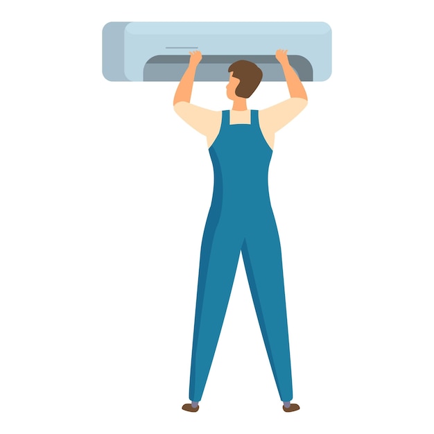 Repairman installing air conditioner in overalls lifting unit