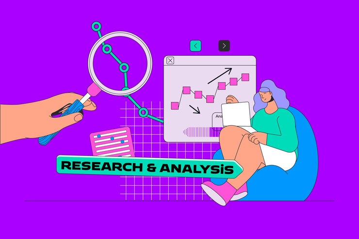 Vector research and analysis concept in modern flat design for web woman doing market research and making report for project development vector illustration for social media banner marketing material