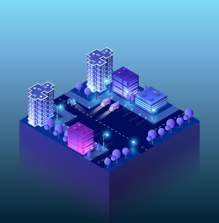 Residential town night city urban 3D illustration of neon ultraviolet