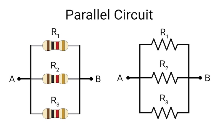 Vector resistors in parallel circuit with symbol. simple electric circuit. physics education science.
