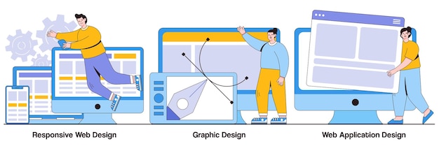 Responsive web design graphic design web application design concept with people character Adaptive programming vector illustration set Multi device development software engineering metaphor