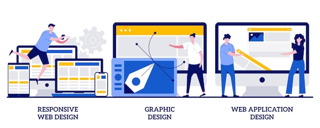 Responsive web design, graphic design, web application design concept with tiny people. Adaptive programming set. Multi device development, software engineering metaphor.