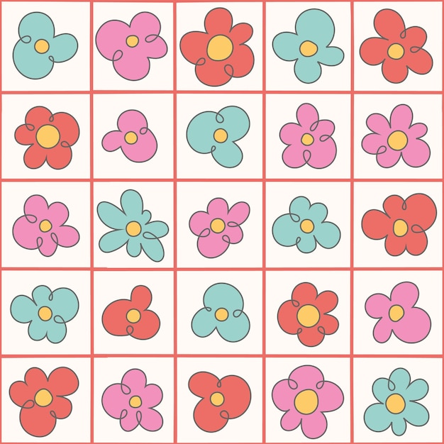 Retro 70s groovy psychedelic seamless pattern background Cartoon hippie flowers grid daisies