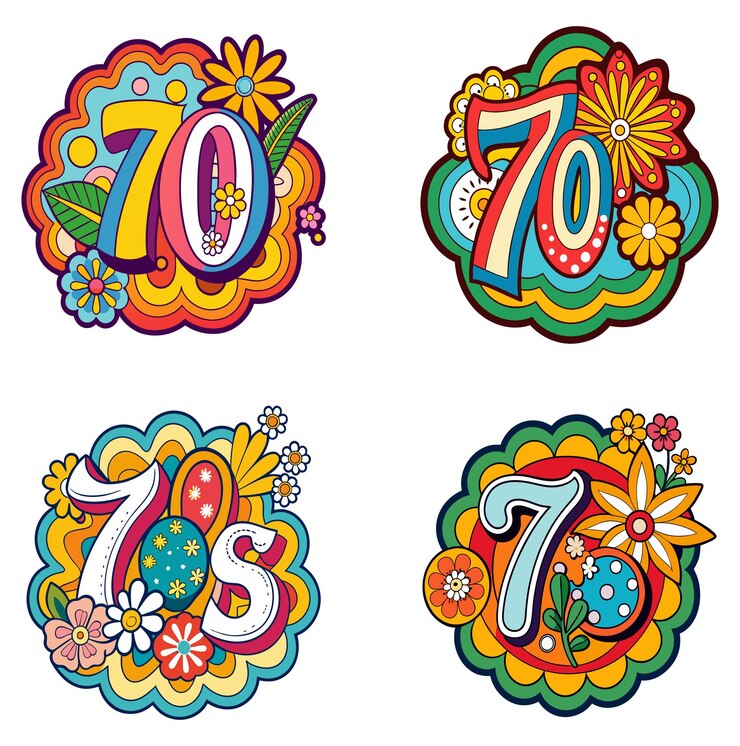 Vector retro 70s sticker collection with hand drawn art