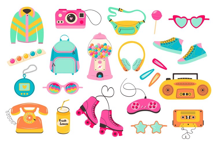 Retro 80s 90s clipart set Cute y2k glamour fashion patches badges emblems stickers