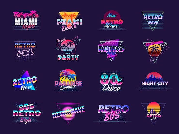 Vector retro badges stylized synth wave logo neon 1980s style cyberpunk colored templates recent vector pictures collection isolated illustration of paradise disco label