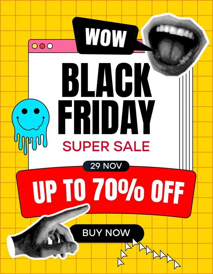Vector retro black friday sale banner with halftone cut out paper mouth and hand y2k elements