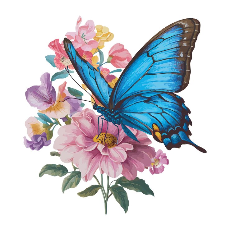 Retro Blue Butterfly Illustration Watercolor Sublimation Clip art