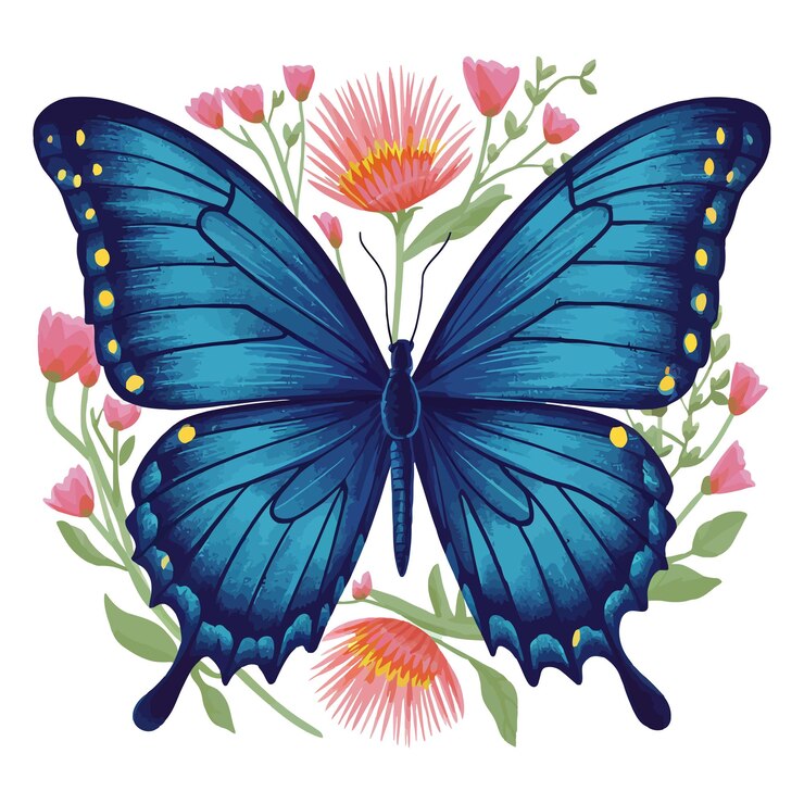 Retro Blue Butterfly Illustration Watercolor Sublimation Clip art