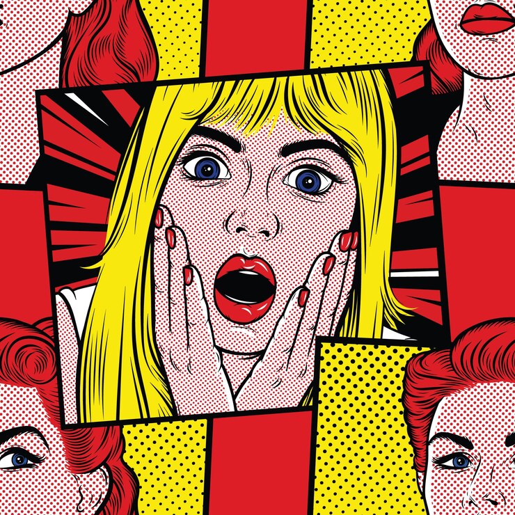 Retro comic background with surprised blonde woman Wow face Omg concept Pop art seamless pattern