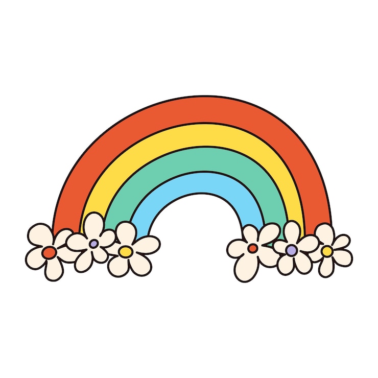 Vector retro groovy easter cute rainbow with flowers in trendy cartoon 60s 70s flat style