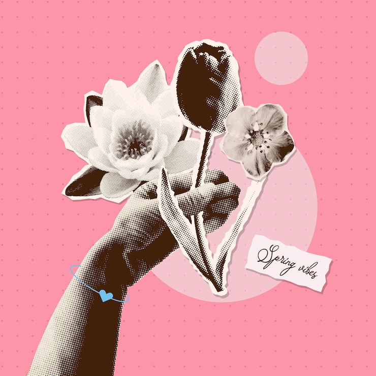 Vector retro halftone hand holding out a bouquet of flowers spring vibes card template with vintage paper