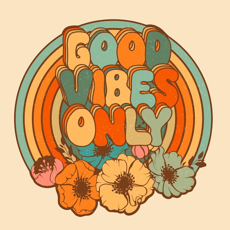 Vector retro poster flowers rainbow motivation 60s 70s lettering good vibes only vector illustration