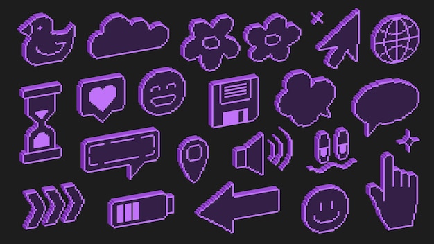 retro purple pixel art icons 80s style symbols and emoticons collection 8byt vector set of computer