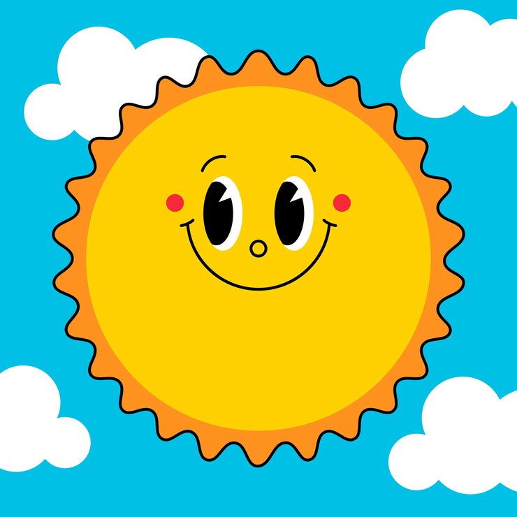Vector retro styled cartoon smiling sun character vector flat design illustration