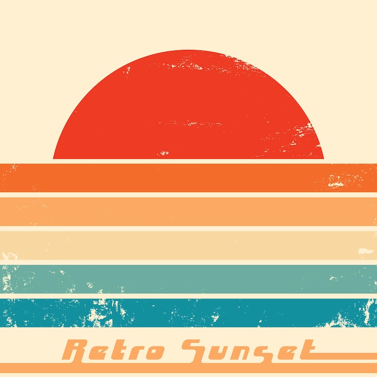 Vector retro sunset poster with vintage grunge texture. vector illustration.