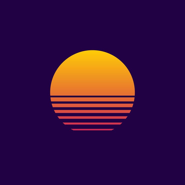 Retro sunset sun for cyberpunk Set of neon gradient graphic for summer logo
