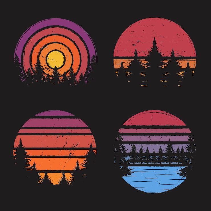 Vector retro vintage sunset or sunrise collection, retro sunset grunge, with different colors