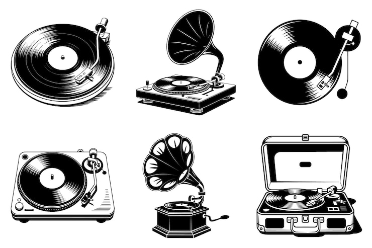 Vector retro vintage vinyl record player silhouette clipart vector illustration for music lovers